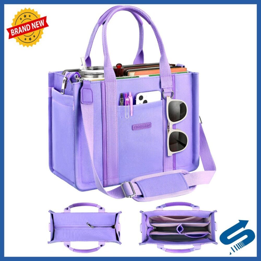 Canvas Tote Bag with Zipper Multi Compartment Reinforced Bottom Work Travel
